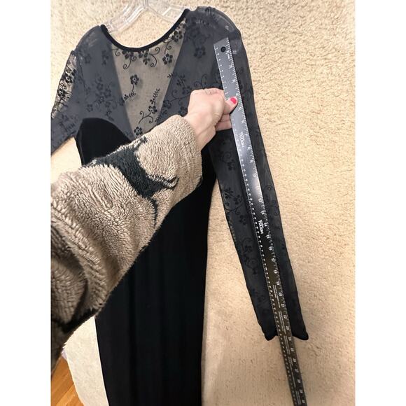 Vtg Y2K Black Velvet Maxi Dress Mesh Bodice Sleeve Whimsigoth Y2K Vampire Floral - Picture 13 of 16